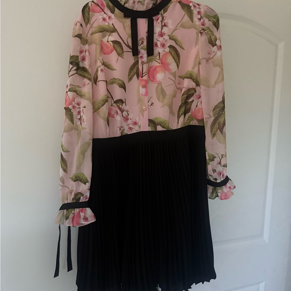 Ted Baker London Pink Floral and Black Pleated Dress